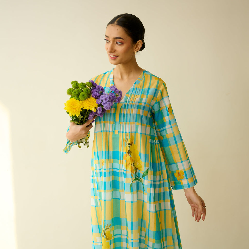 Daffodil Mulmul Cotton Kurta - Blue and Yellow
