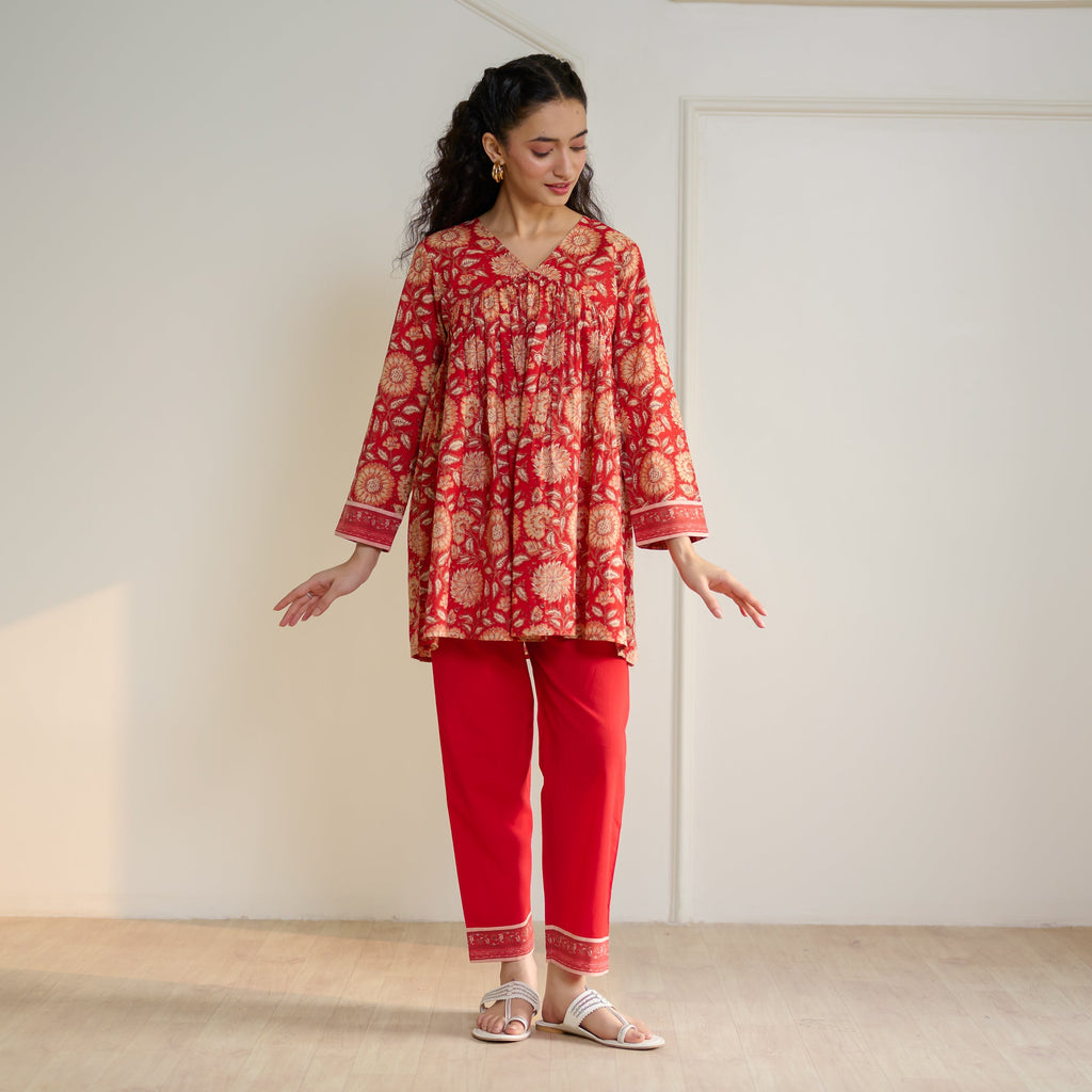 Jugni Sanganeri Inspired Co-ord Set - Cherry Red
