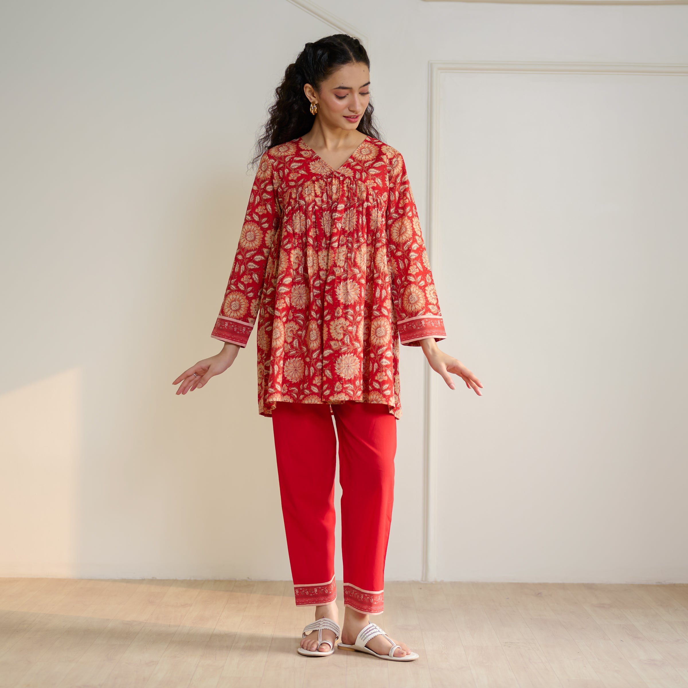 Jugni Sanganeri Inspired Co-ord Set - Cherry Red