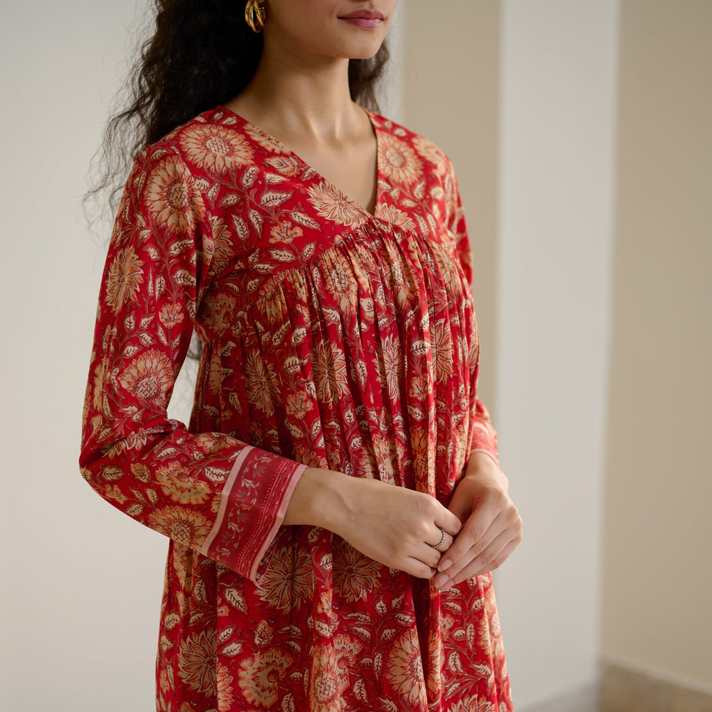 Jugni Sanganeri Inspired Co-ord Set - Cherry Red