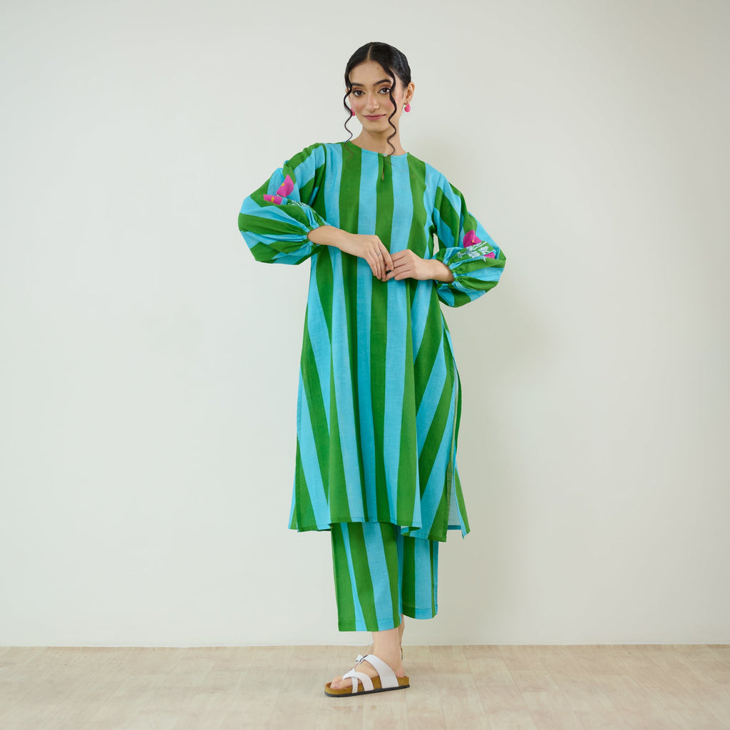 Verandah Striped Kurta Set - Sea Green