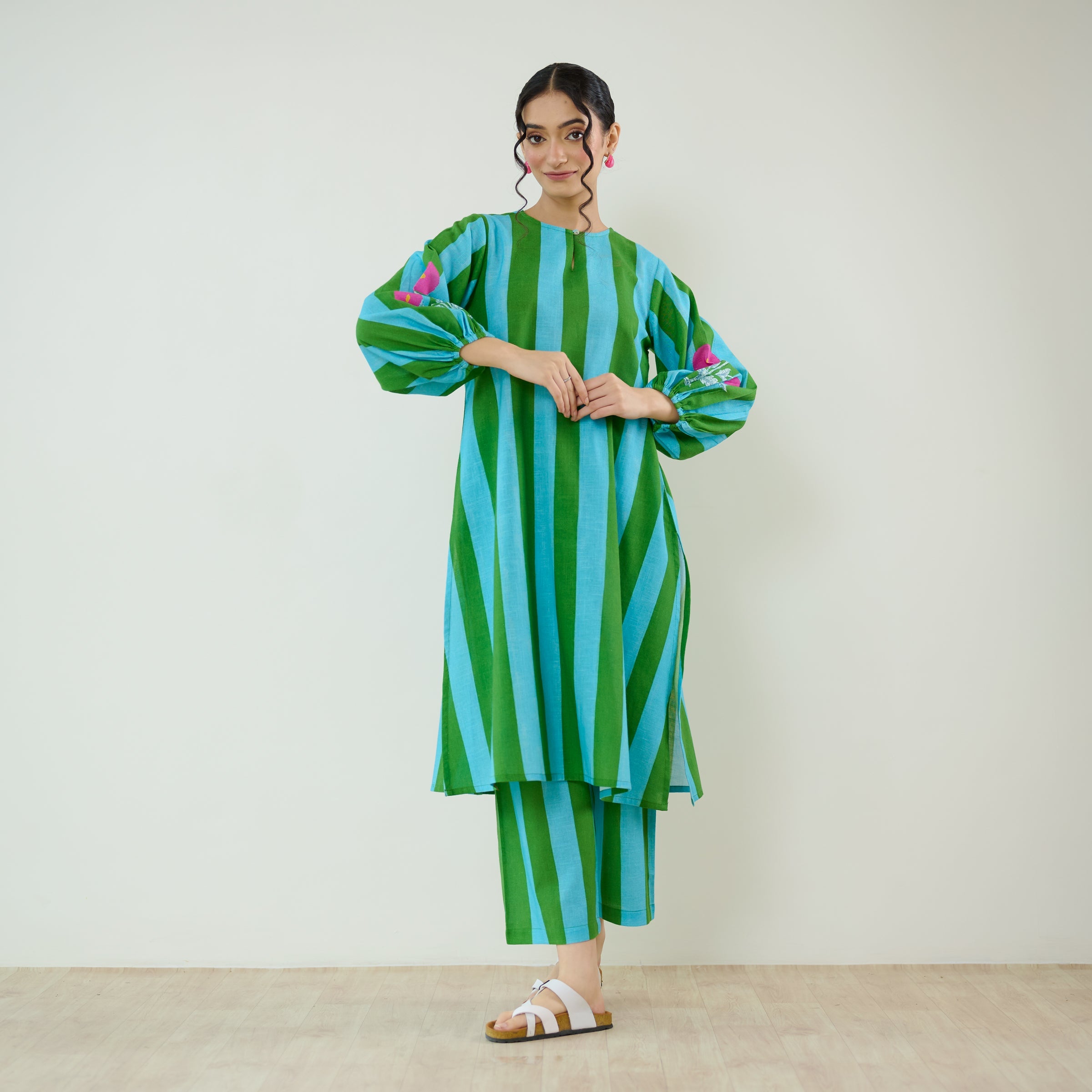 Verandah Striped Kurta Set - Sea Green