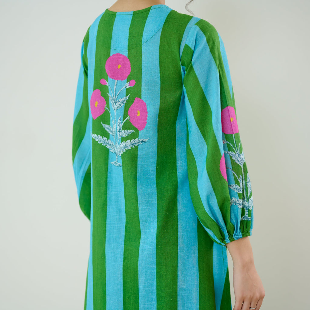 Verandah Striped Kurta Set - Sea Green