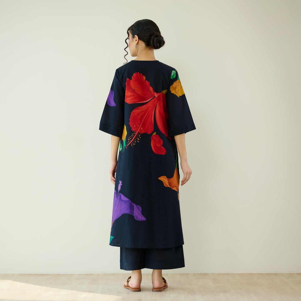 Hibiscus Slub Cotton Kurta Set - Black