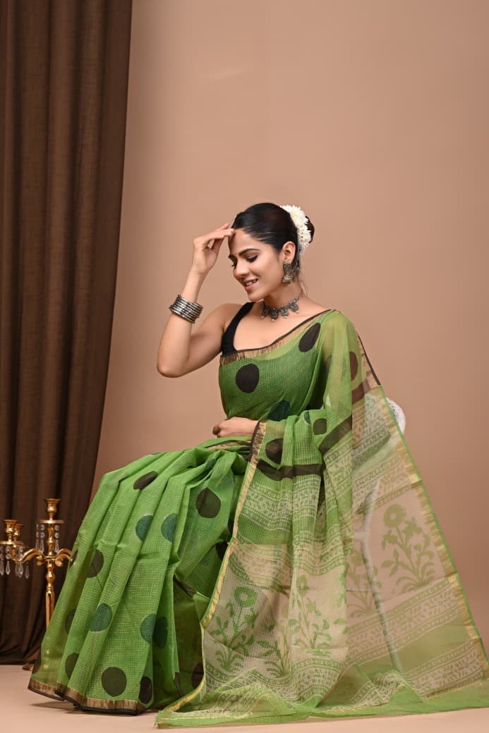 Green Polka Dot Hand Block Print Chanderi Cotton Saree