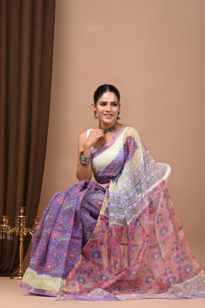Purple & Pink Floral Hand Block Print Chanderi Cotton Saree