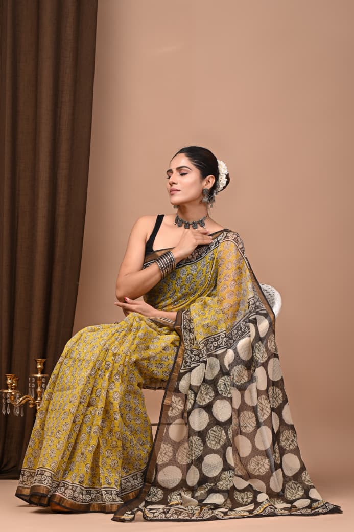 Mustard Yellow & Black Block Print Cotton Saree with Polka Dot Pallu