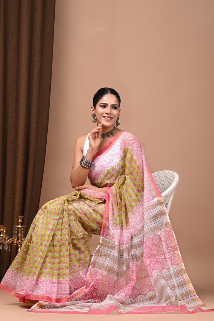 Pink & Lime Green Hand Block Print Cotton Saree