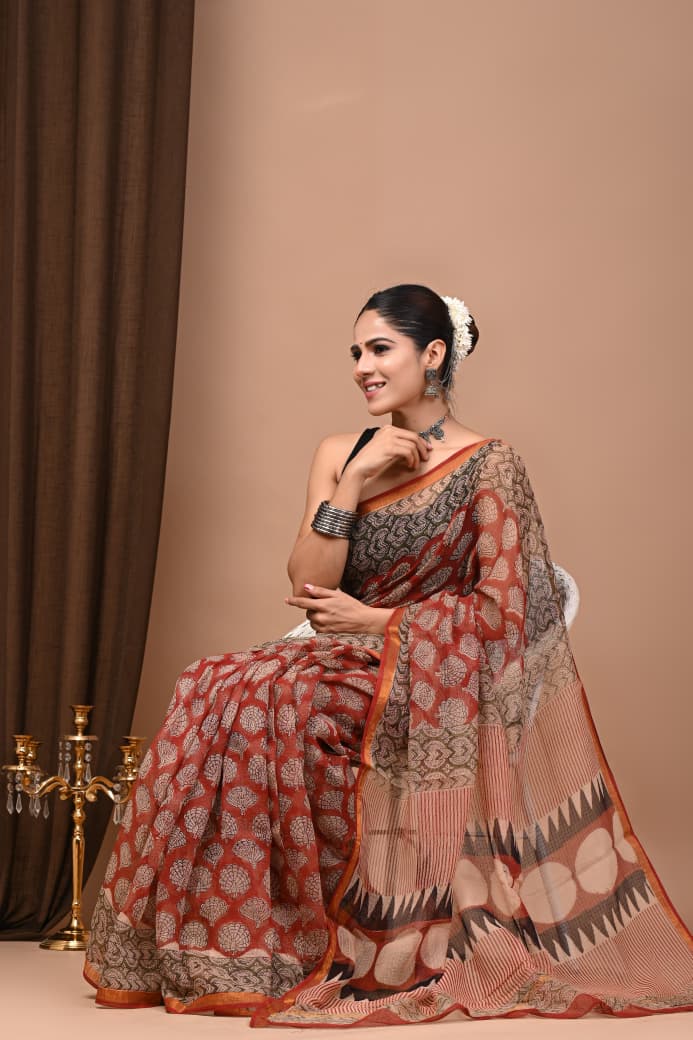 Rust Red & Black Hand Block Print Cotton Saree with Designer Pallu