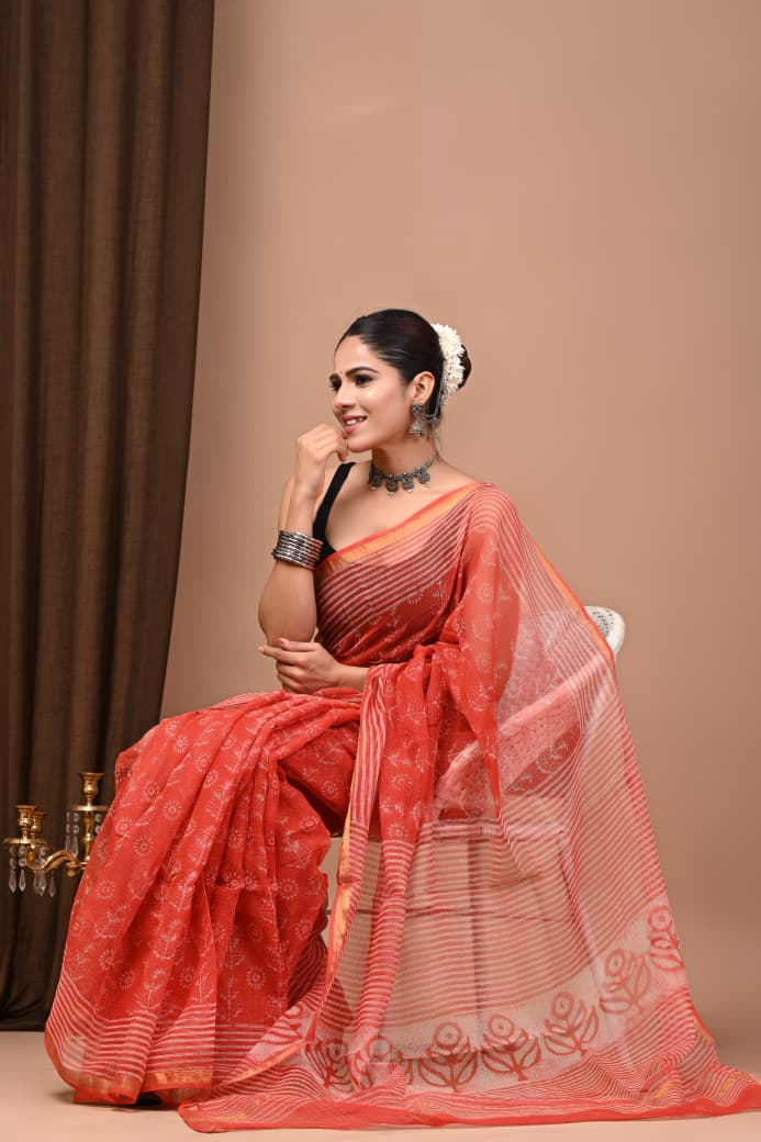 Coral Red & White Block Print Chanderi Saree with Striped Pallu