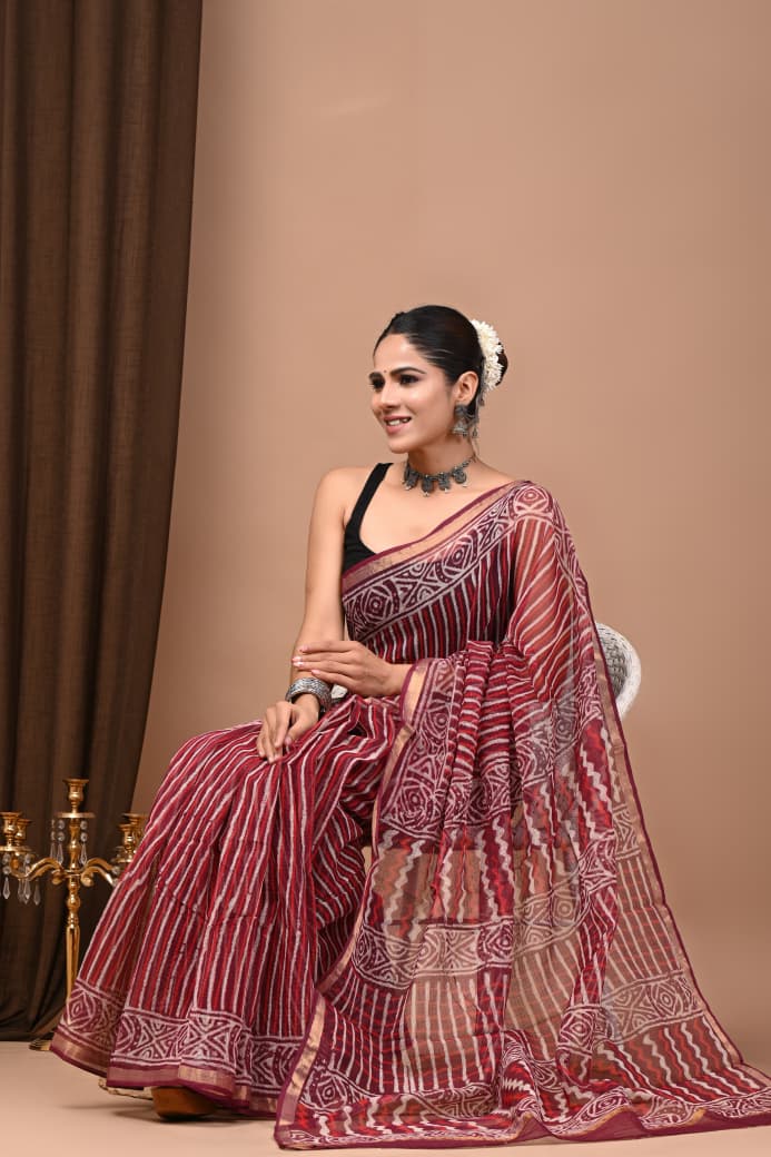 Burgundy & Beige Hand Block Print Chanderi Cotton Saree