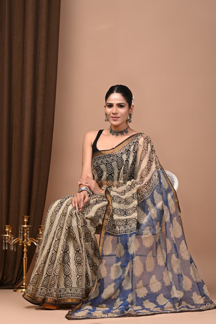 Beige & Navy Blue Hand Block Print Chanderi Cotton Saree