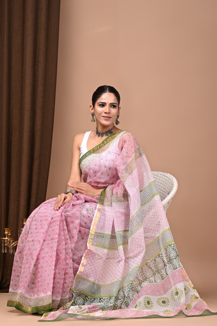 Light Pink & Green Hand Block Print Chanderi Cotton Saree