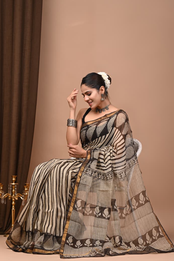Beige & Black Striped Hand Block Print Chanderi Cotton Saree