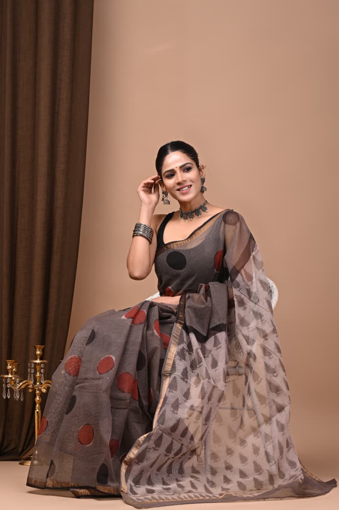 Dark Grey & Maroon Polka Dot Hand Block Print Chanderi Cotton Saree