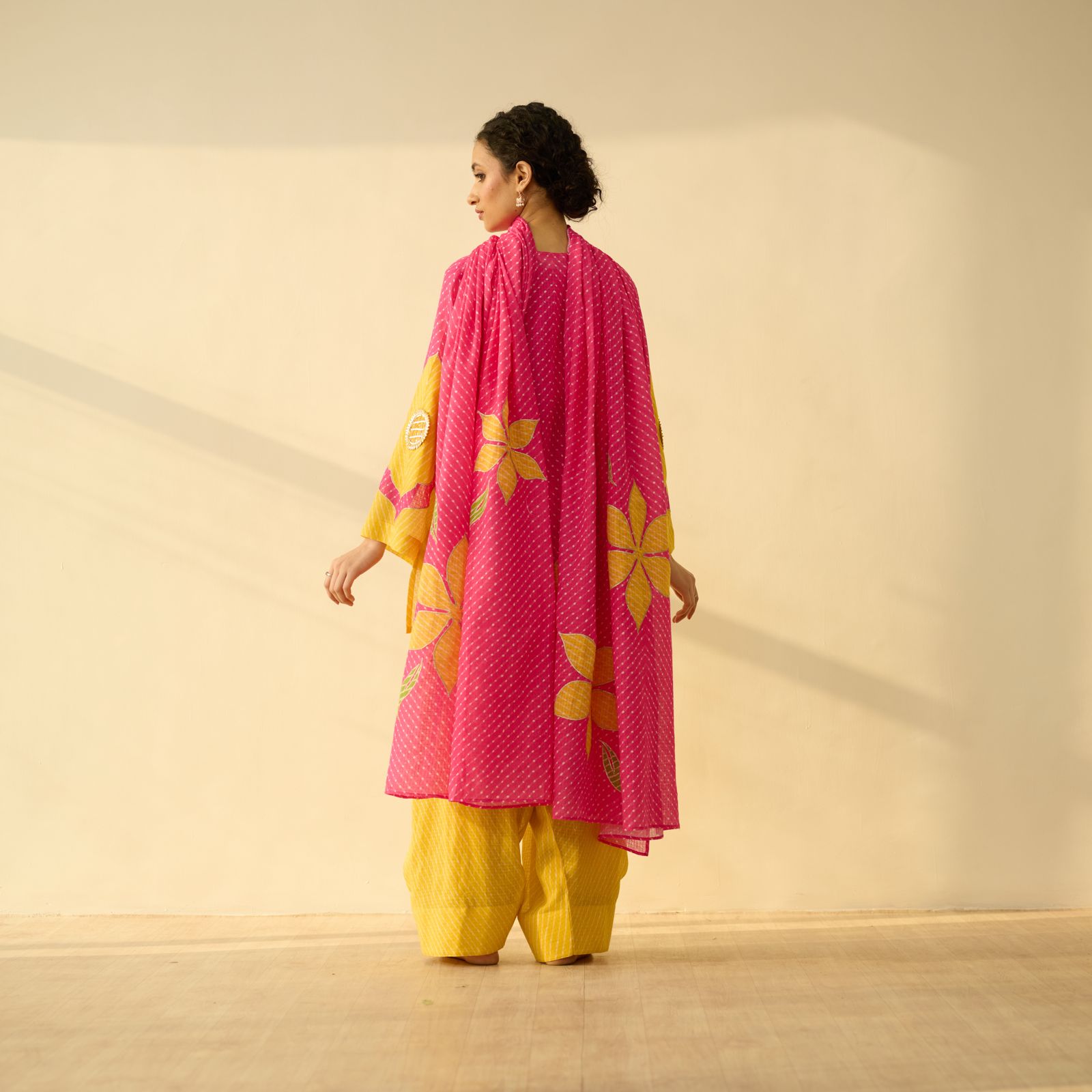 Sundari Kota Doria Cotton Farshi Set with Dupatta - Gulal Pink & Haldi Yellow