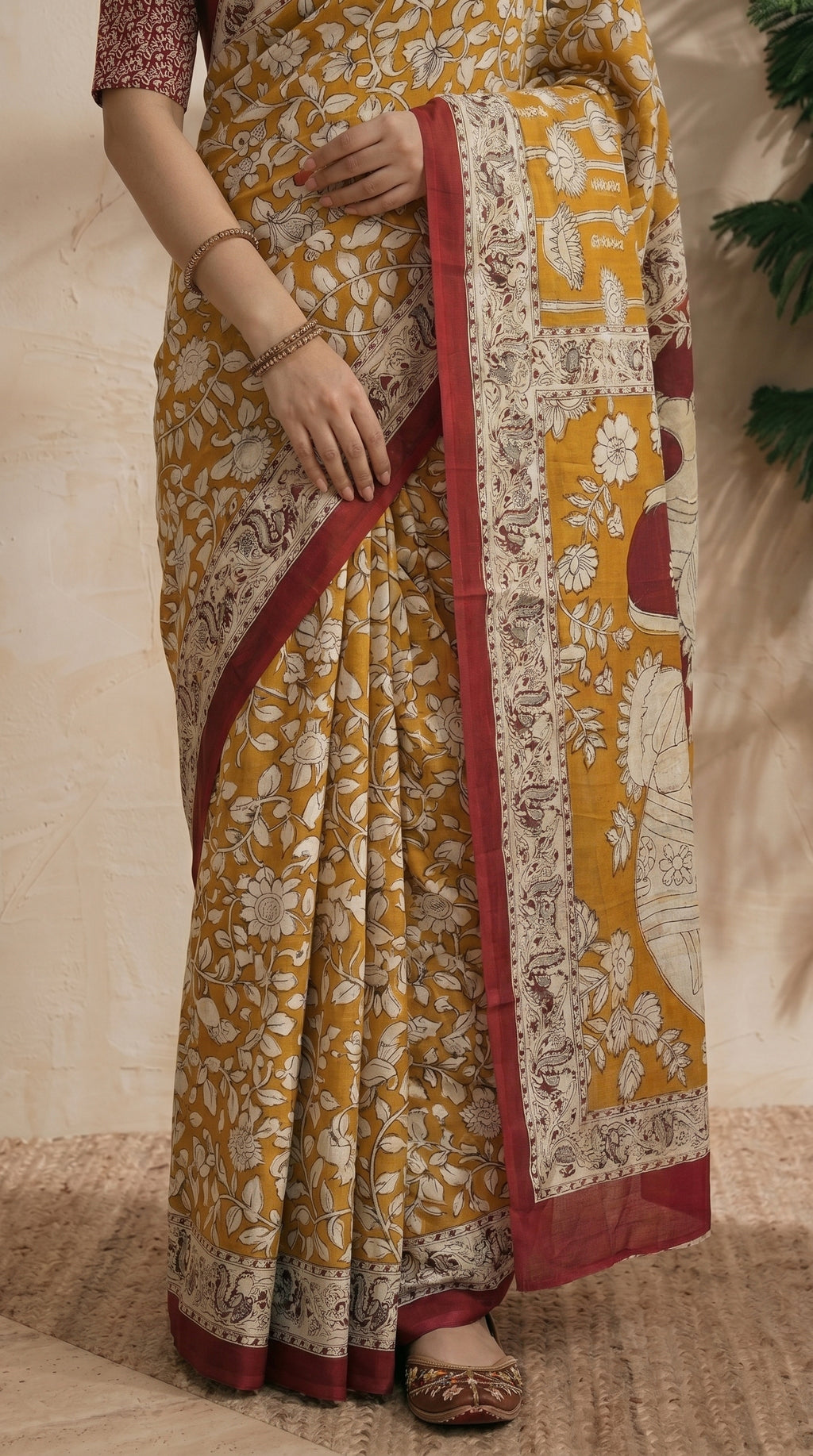 Yellow Kalamkari Saree - Standing