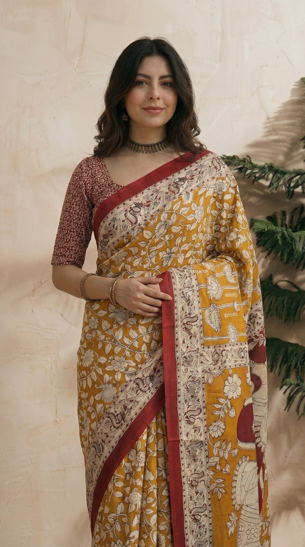 Yellow Kalamkari Saree - Facing Forward