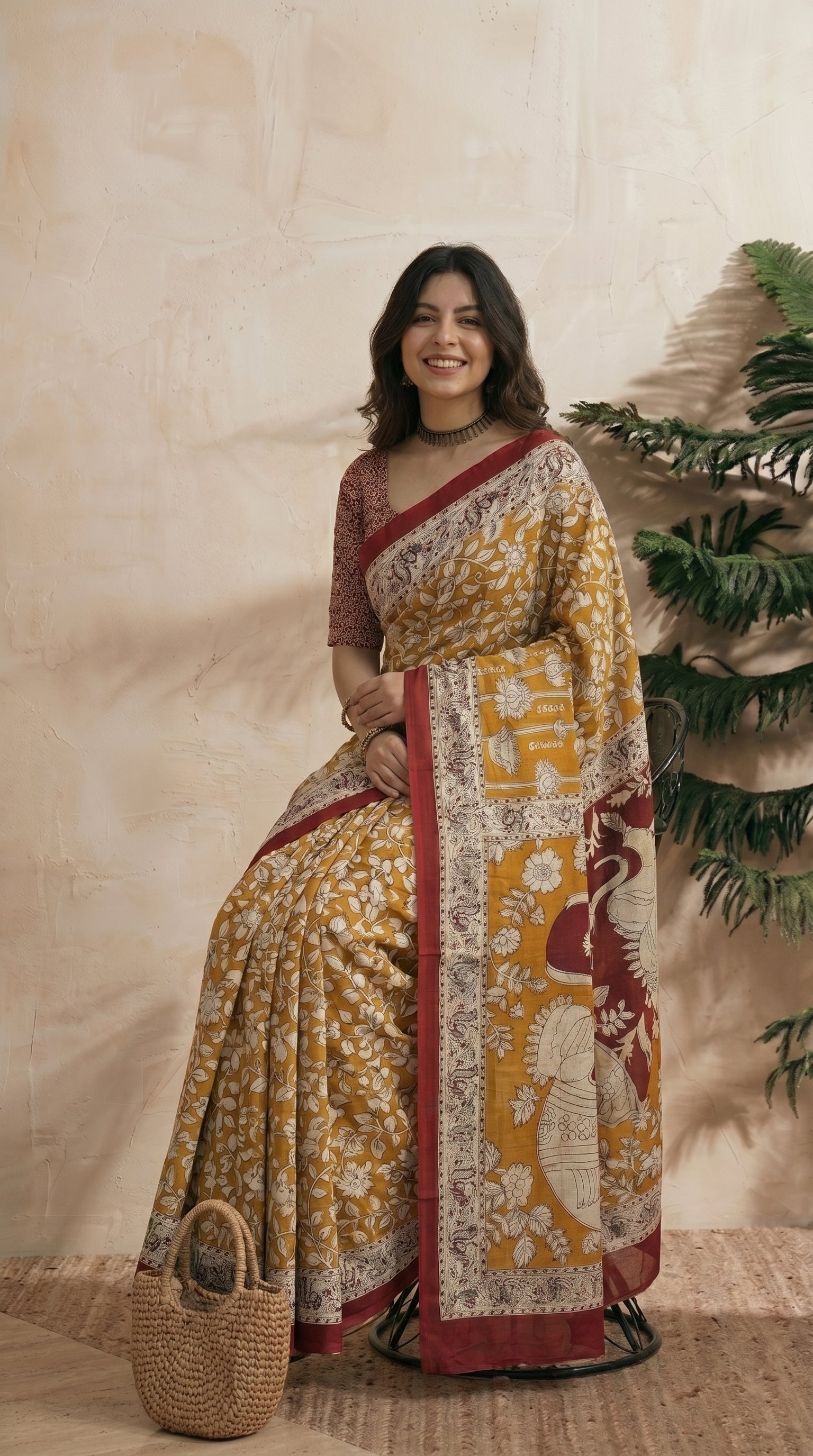 Yellow Kalamkari Saree