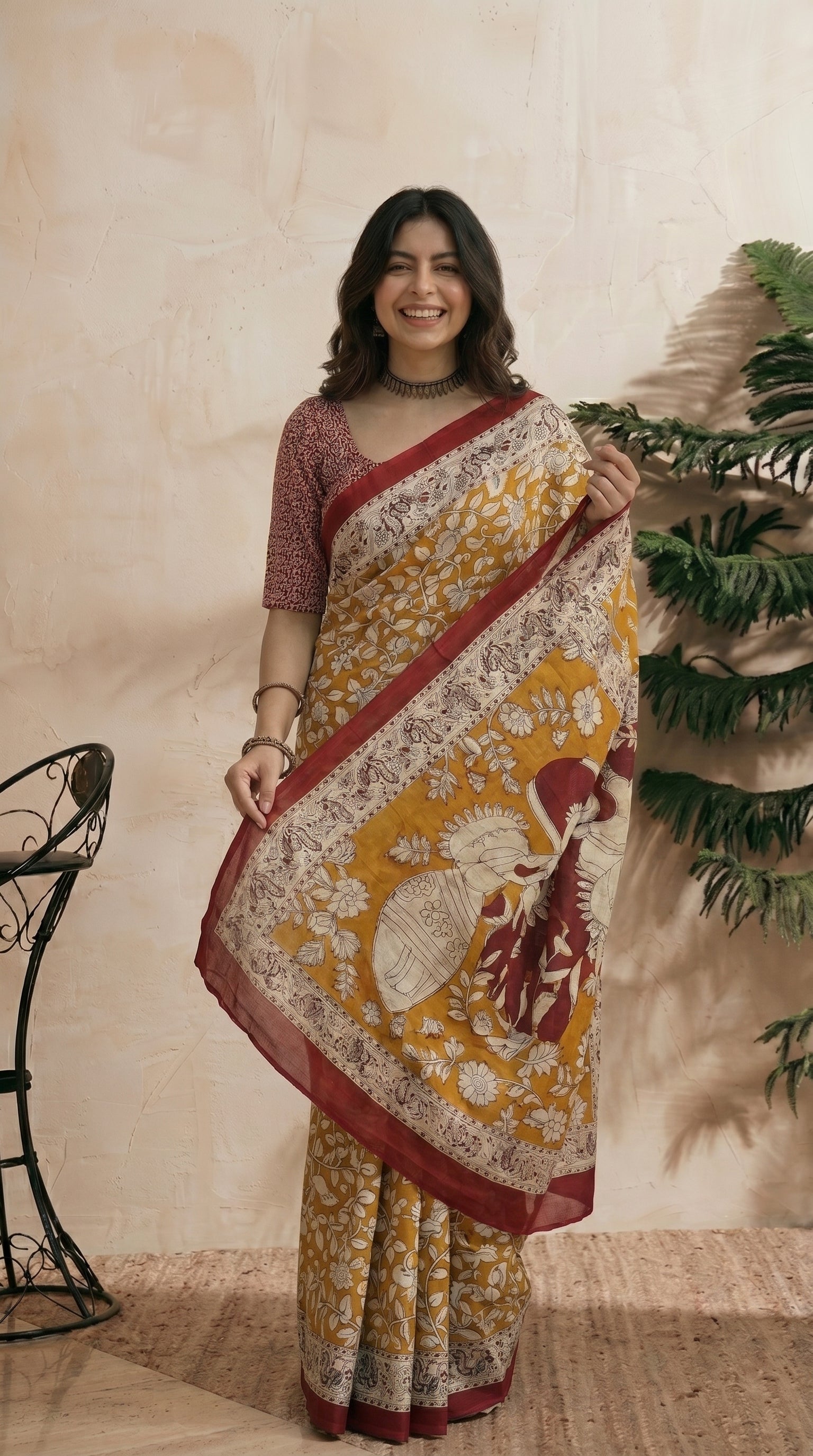 Yellow Kalamkari Saree - Pallu Drape
